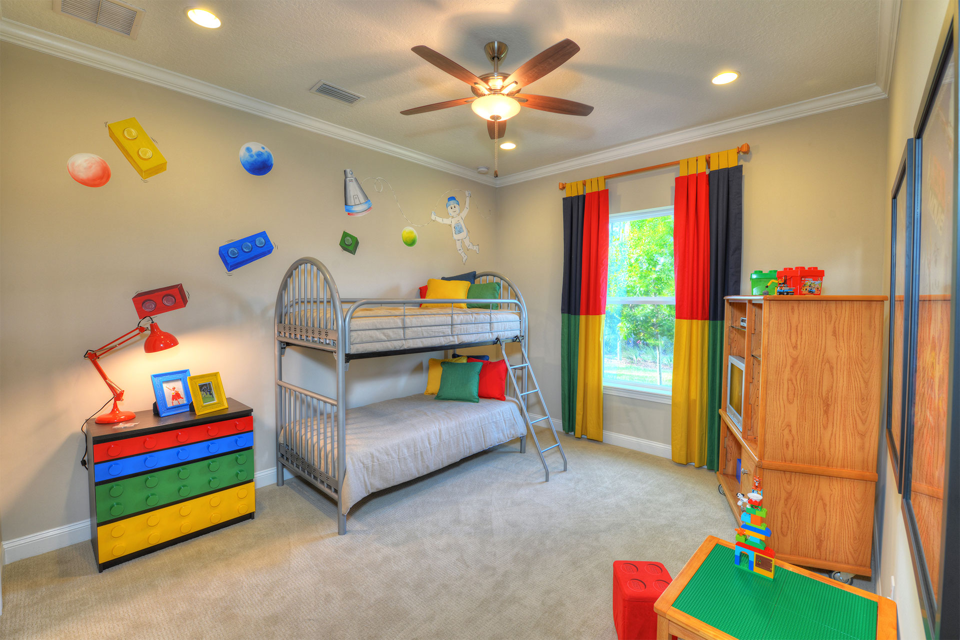 Playful LEGO-themed bedroom, a vibrant space filled with creativity and fun for young imaginations.
