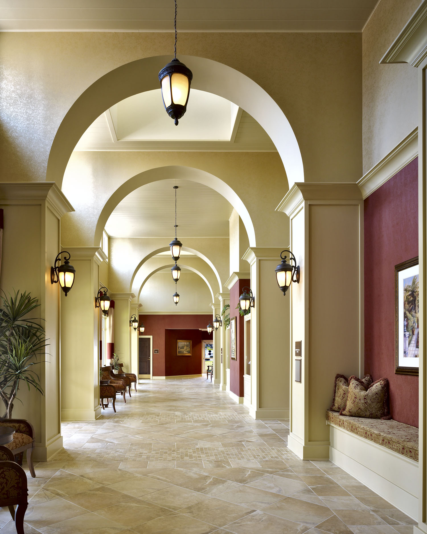 Inviting corridor at Fleet Landing, featuring warm lighting and a welcoming atmosphere.