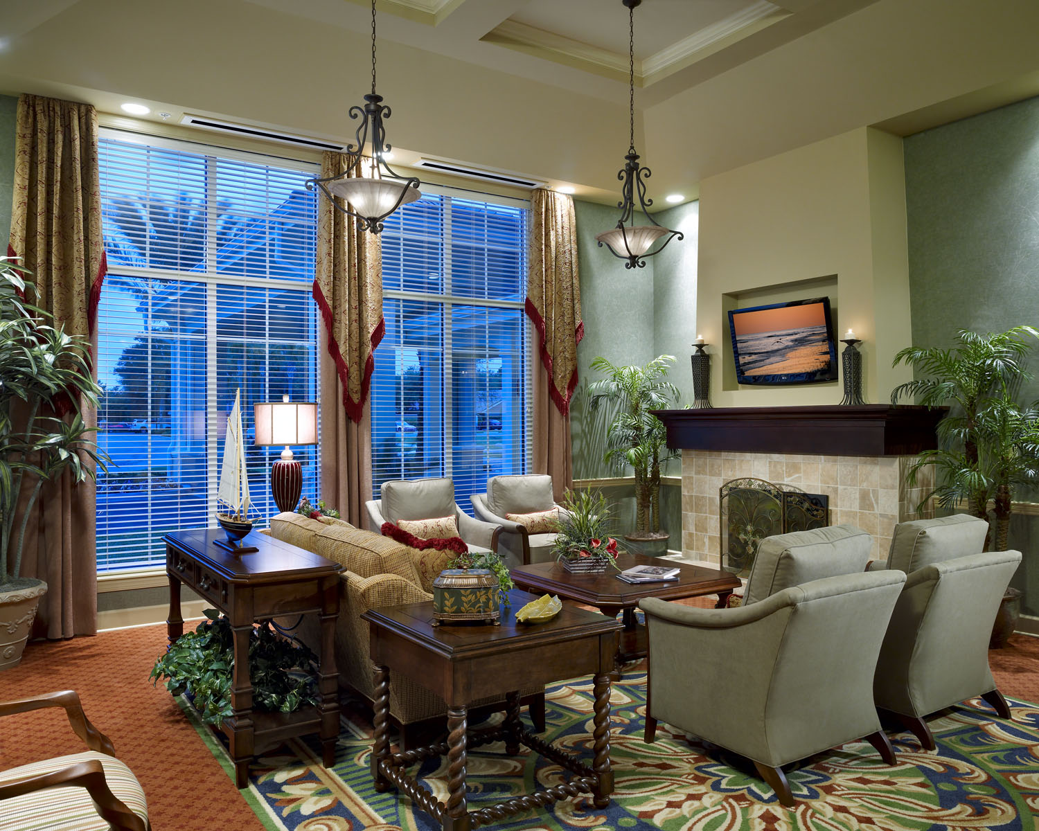 Fleet Landing lobby, a welcoming space with modern decor and comfortable seating.