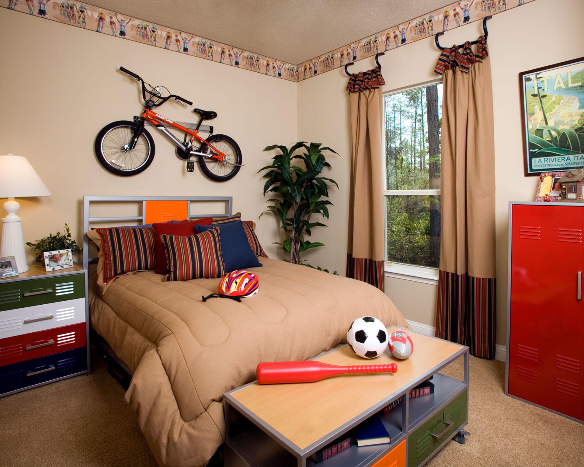 Adventurous bike-themed bedroom in the Cayman II, blending creativity and style for a dynamic living space.