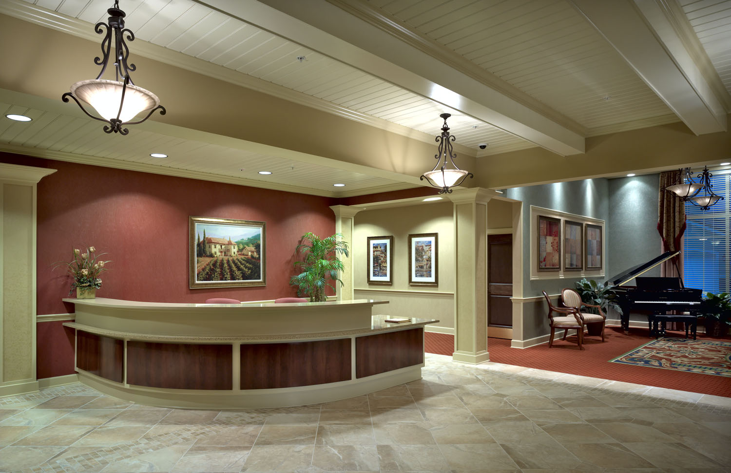 Reception area at Fleet Landing, blending modern aesthetics with a welcoming atmosphere.