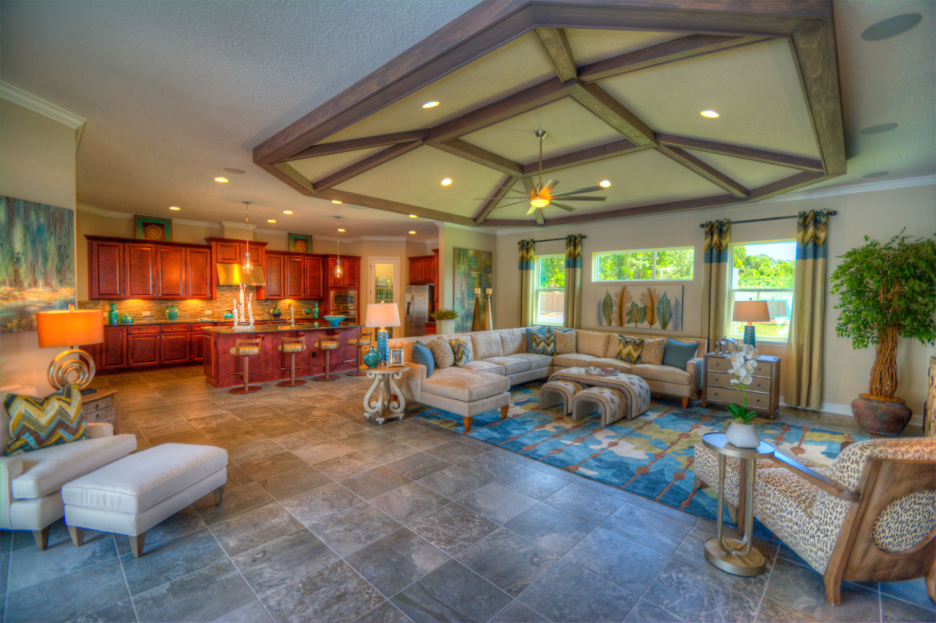 Inviting living room with modern elegance, featuring stylish furniture and warm, natural tones.